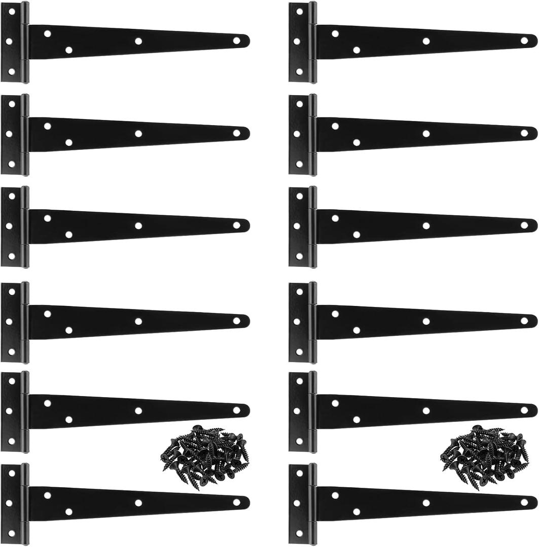 SEUNMUK 12 Pack 6 Inch T Strap Door Hinges, Barn Door Hinges with 72 Mounting Screws, Black Barn Gate Hinges for Fence, Cabinet, Shutter, Gate, Shed