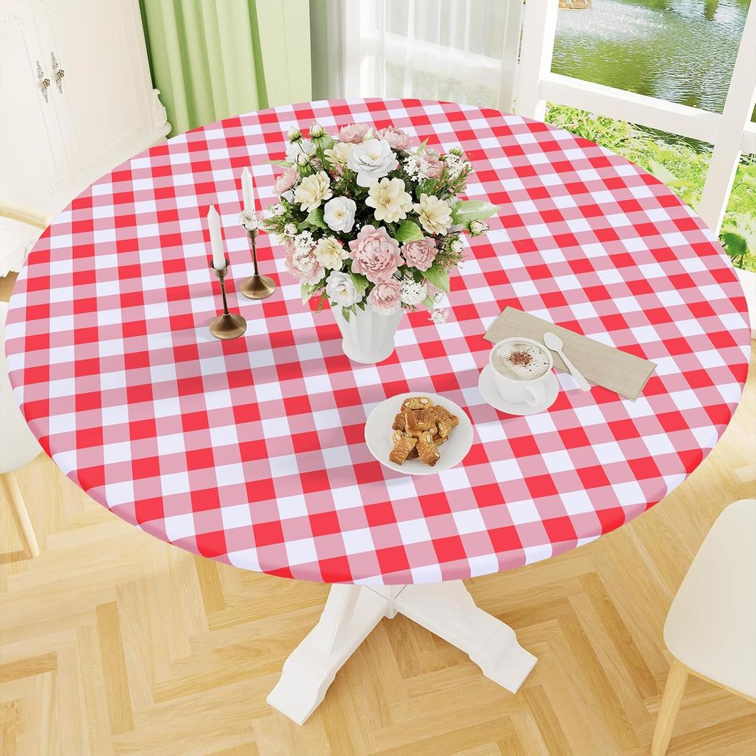 Smiry Round Picnic Tablecloth, Elastic Waterproof Fitted Vinyl Tablecloths for 45"-56" Tables, Flannel Backed Buffalo Plaid Table Cover for Dining, Camping, Outdoor, White and Red