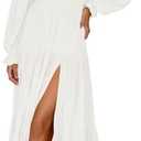 ZESICA Women's 2026 Boho Sexy Off Shoulder Long Sleeve Smocked High Waist Side Split Flowy A Line Tiered Long Maxi Dress L