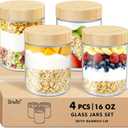 DRKIO 16 Oz Overnight Oats Containers with Bamboo Lids - 4 Pack Glass Storage Jars with Airtight Lids Wide Mouth Mason Food Jars Great for Meal Prep Salad Chia Pudding Snacks Yogurt Sugar Spice Cereal