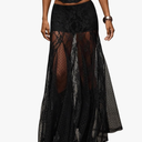 WDIRARA Women's Sexy See Through Sheer Lace Maxi Skirt Low Waist Ruffle Hem A Line Flowy Skirt S Black