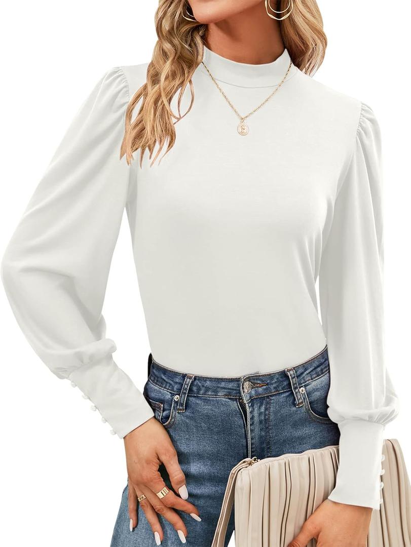 Qirno Womens Mock Neck Puff Long Sleeve Tops Casual Loose Solid Basic T Shirt Button Cuffs Pullovers Shirts Blouse (Medium)