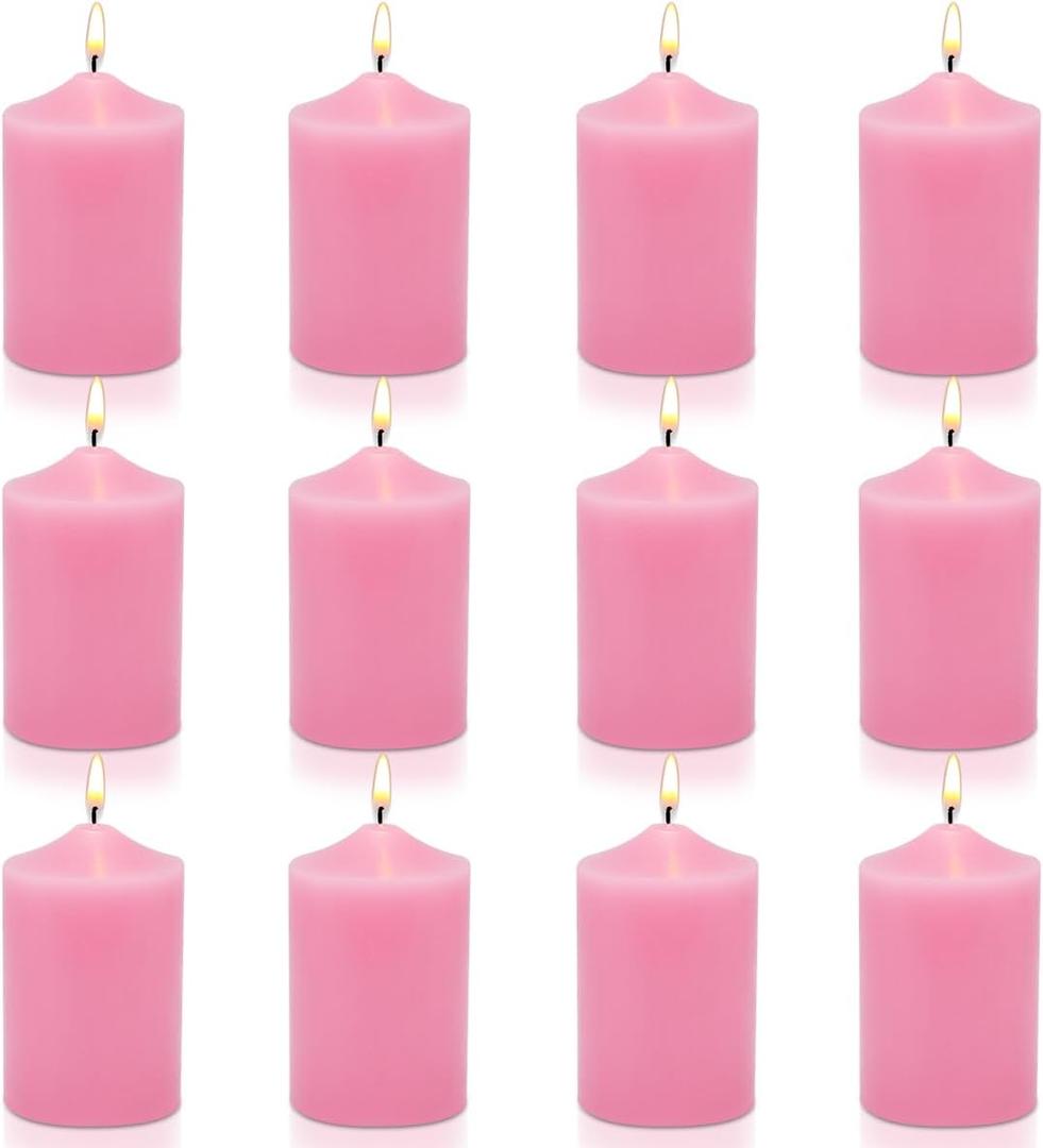 12 Pack 2x3 Inch Pink Pillar Candles for Romantic Valentine's Day, Unscented Column Candles for Home Restaurants Spa Church Weddings, Smokeless Dripless and Clean Burning Emergency Candle