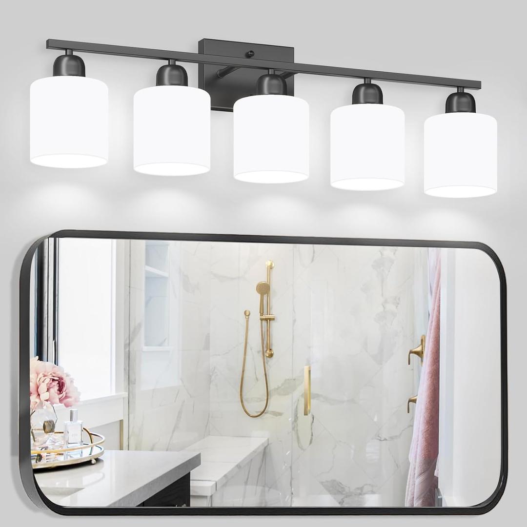 5Light Black Bathroom Vanity Light, Black Vanity Light with Milky White Frosted Glass Shades, Modern Vanity Light Fixture for Bathroom Mirror, Bedroom, Living Room, Hallway, Vanity Table, E26 Base