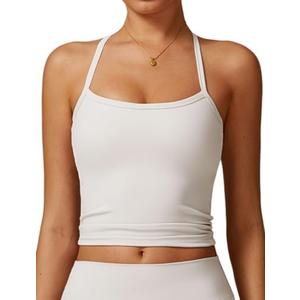 QBGJTD Womens Longline Sports Bras Cross Back Active Gym Yoga Padded Workout Crop Tank Top with Built in Bra, White, Small