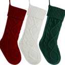 Christmas Stockings 3 Pack, 18 Inches Large Cable Knit Personalized Christmas Stocking Knitted Stocking Decorations for Family Xmas Party Decor (Red White Green Christmas Stocking)
