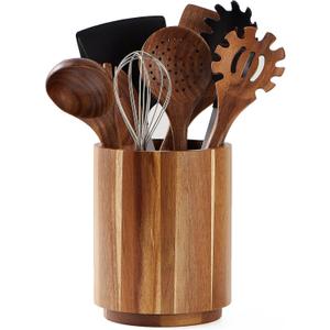 LOHONER Acacia Wood Utensil Holder for Kitchen Counter, 360° Rotating 7.2" Wooden Cooking Utensil Crock for Countertop, Farmhouse Kitchen Decor