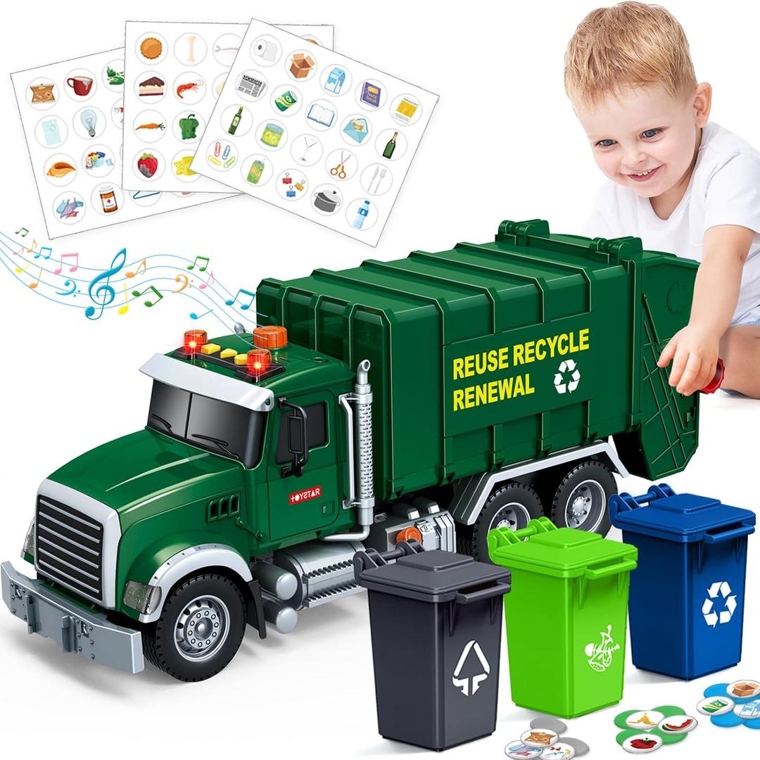 Kids Toys for 3 4 5 6 7 8 Years Old Boys, 15" Large Garbage Truck Toy, Friction Powered Garbage Recycling Truck with Lights and Sounds, 3 Trash Bins with Trash Cards, Birthday Gifts for Boys Girls, 6 x 10 x 4 inches