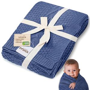 infancie Organic Cotton Knit Baby Blanket 31.5 X 43.3 Inches Soft Knitted and Breathable Baby Blanket for Boys and Girls Perfect Soft Baby Blankets for Infants Toddlers All Seasons (Blue)