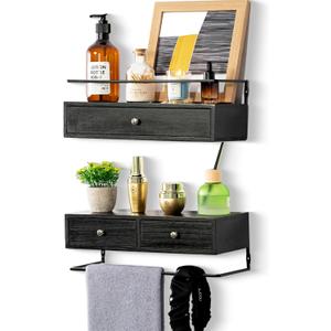 DreamPossible Floating Shelves  Wall Mounted Bathroom Shelf Set of 2 with Drawers, Rustic Wood Shelves for Bedroom, Living Room, Kitchen, Home Decor, Plants, Books (Black)