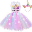 ZeroStage Sequin LED Light Unicorn Costume for Girl Birthday Decorations Halloween Christmas Party Outfit Princess Tutu Dress (3-4T, Pink)
