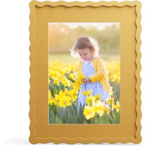 11x14 Picture Frame with Mat for 8x10, Wavy Edge Wooden Real Glass Photo Frame for Wall Hanging, Yellow, 1 Pack