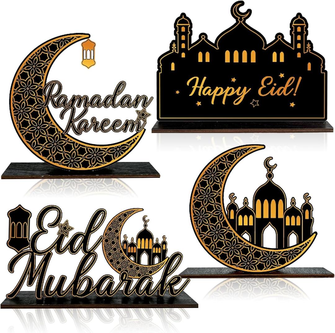 4 Pack Ramadan Kareem Eid Mubarak Table Decorations - Wooden Tabletop Signs, Black and Gold Wood Tiered Tray Centerpieces for Islamic Al-Fitr Eid and Ramadan Decor