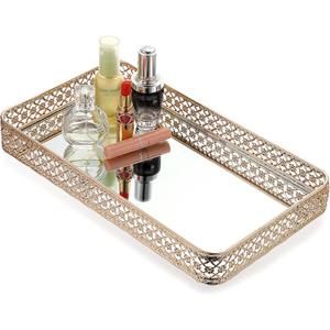 ELLDOO Gold Perfume & Makeup Vanity Tray - Hollow-Carved Jewelry Storage, Glass & Metal Trinket Organizer for Dresser & Bathroom Countertop, Large Size