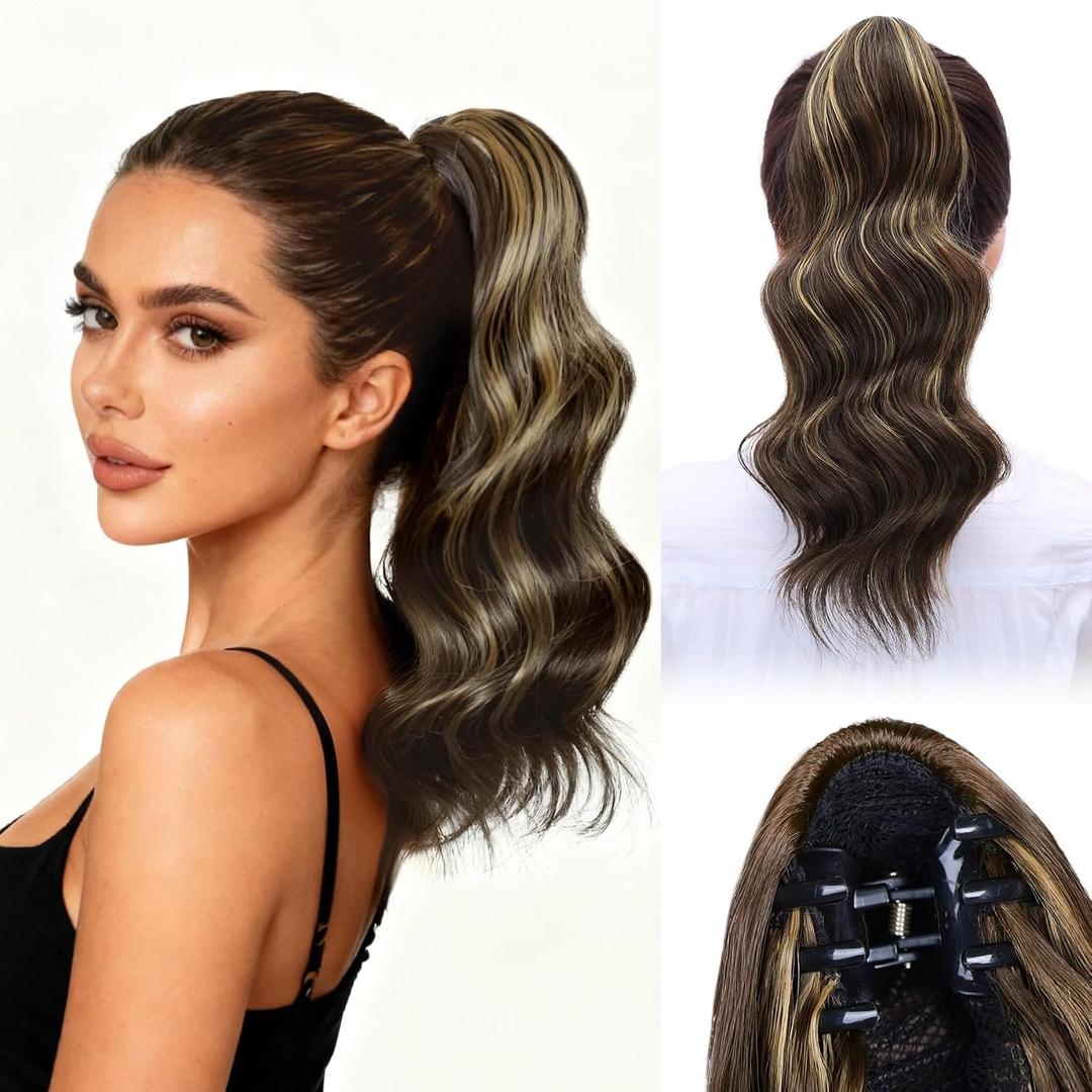 Claw Clip Ponytail Extension,14 Inch Chocolate Brown Curly Wavy Ponytail Claw Clip in Hair Extension for Women Fluffy Natural Looking Synthetic Hairpiece for Daily Use(14 Inch,Chocolate Brown)