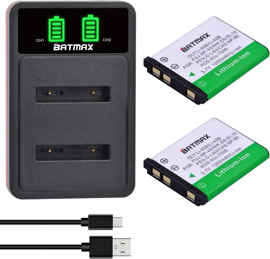 Batmax 2Pcs EN-EL10 NP-45 Li-40B Battery + Quick LED Dual Charger for Fujifilm NP 45 Nikon EN EL10 Olympus LI-42B LI-40B, Kodak KLIC-7006, Casio NP-80, Pentax D-Li63 D-Li108 Coolpix S60 S80 S200 S203