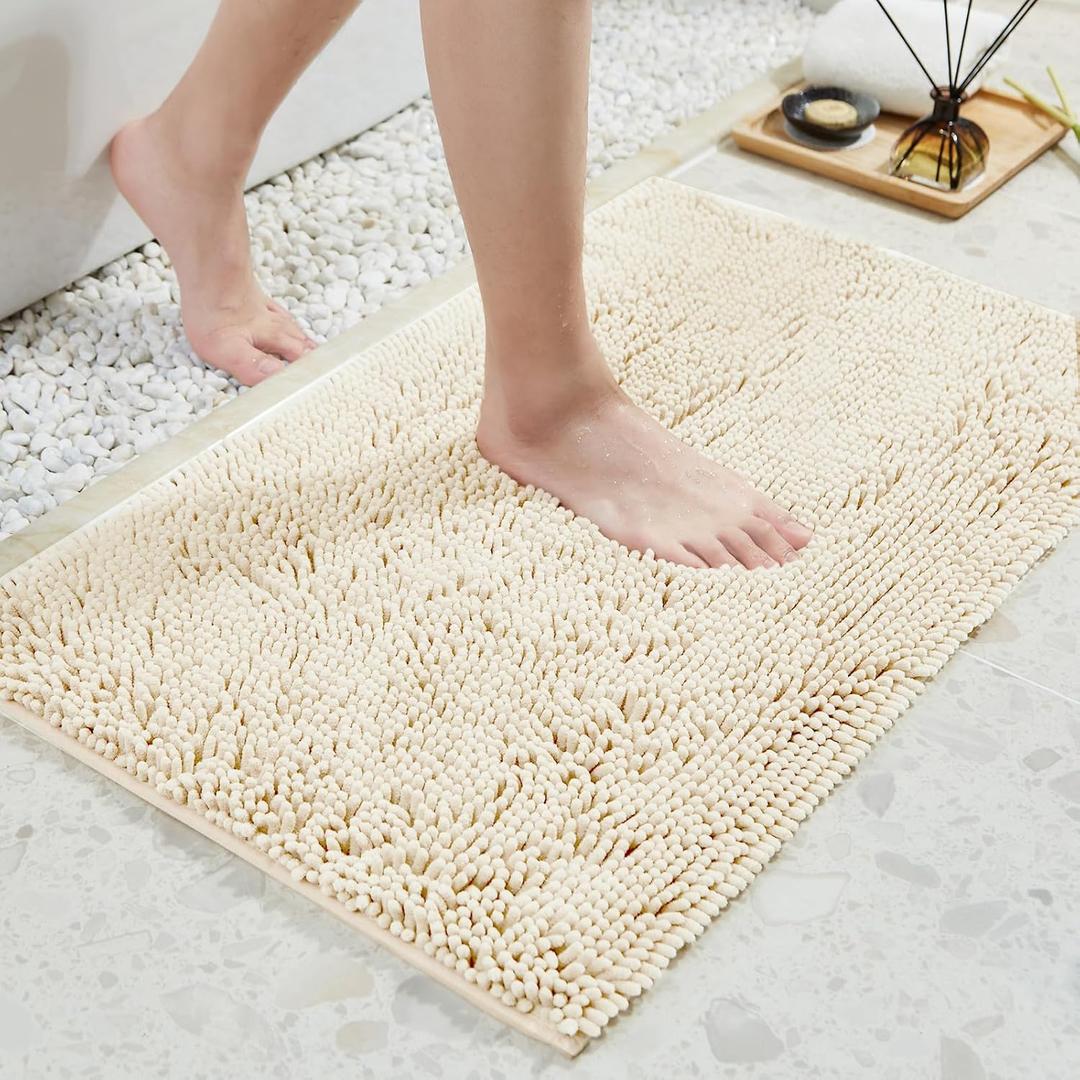 TECHMILLY Soft Fluffy Chenille Bathroom Rugs, Non Slip Absorbent Bath Mats for Bathroom, Washable and Quick Dry, Cream, 20" x 32" (1'8" x 2'8" (Rectangular))