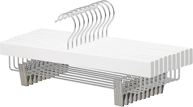 Amazon Basics Durable Wooden Pants and Skirt Hangers with Clips, Closet Organizer, White, 10-Pack