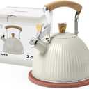 LONFFERY Tea Kettle for Stove Top, 2.5 Quart Whistling Tea Kettle, Stainless Steel and Wood Pattern Folding Handle, Creamy White