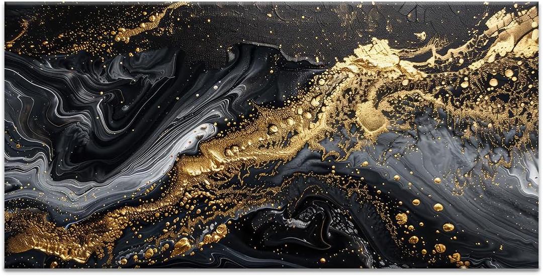 Golden Swirl Abstract Painting Luxurious Black and Gold Marble Wall Art Canvas Print Picture Decor (40L" x 20W")
