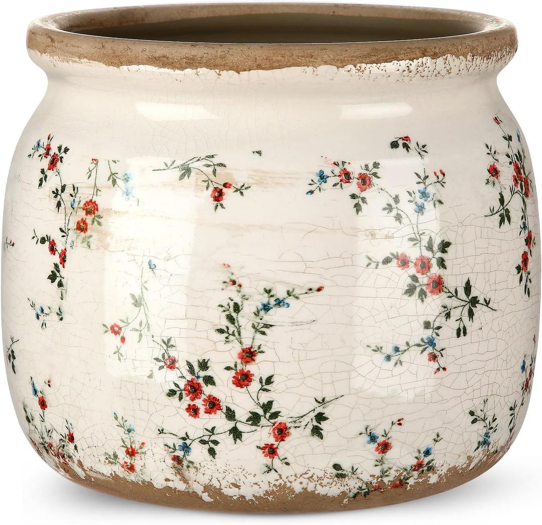 Ninehaoou Vintage Planter Large Ceramic Plants Pot Beige Red Rustic Floral Ice Crack Cottage Scroll Vase Flower Vase Pot Indoor Plants Home Kitchen Decor Farmhouse Antique Decorative Gifts