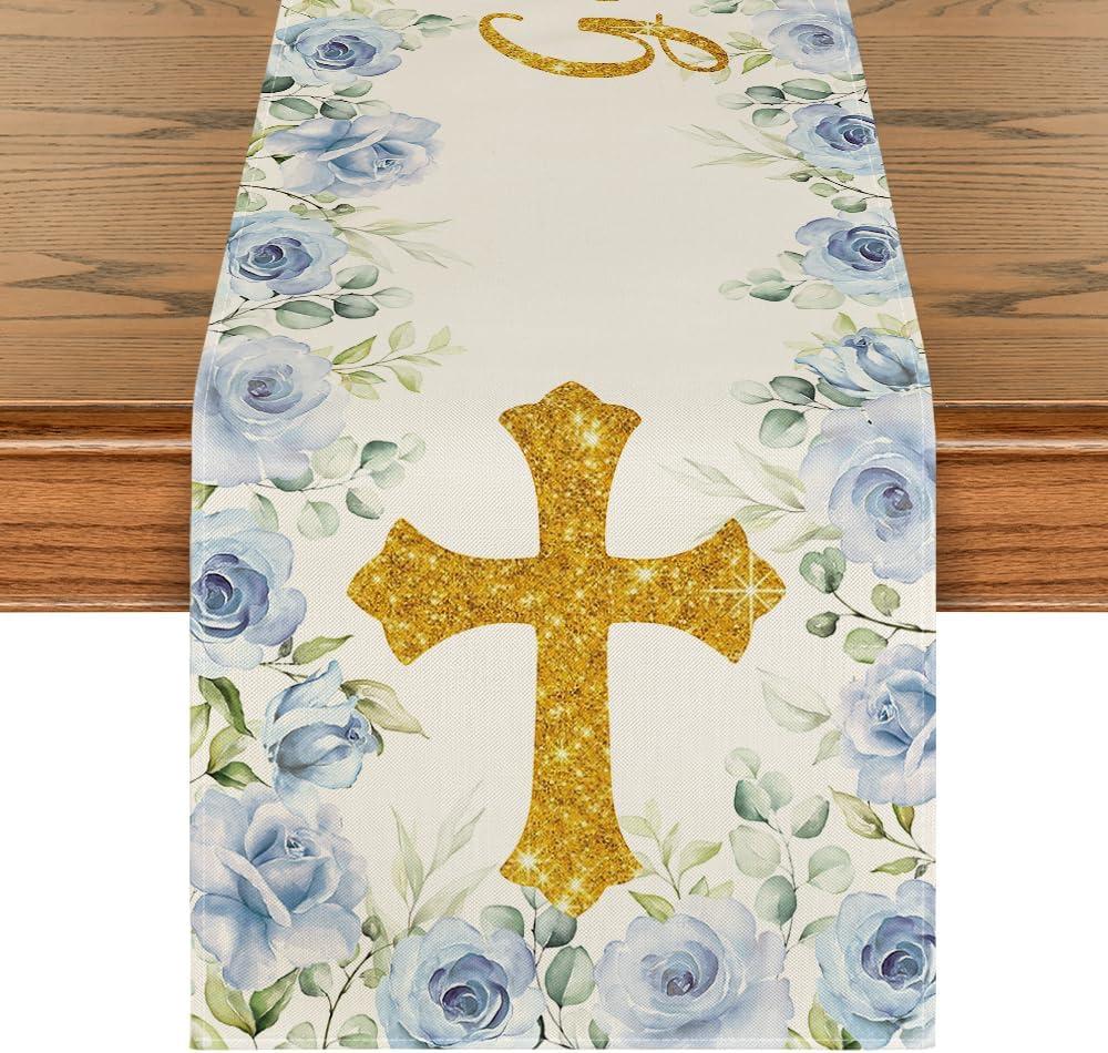 Artoid Mode Blue God Bless Boy Baptism Baby Shower Table Runner, First Holy Communion Christening Holiday Kitchen Dining Table Decoration for Home Party Decor 13x72 Inch