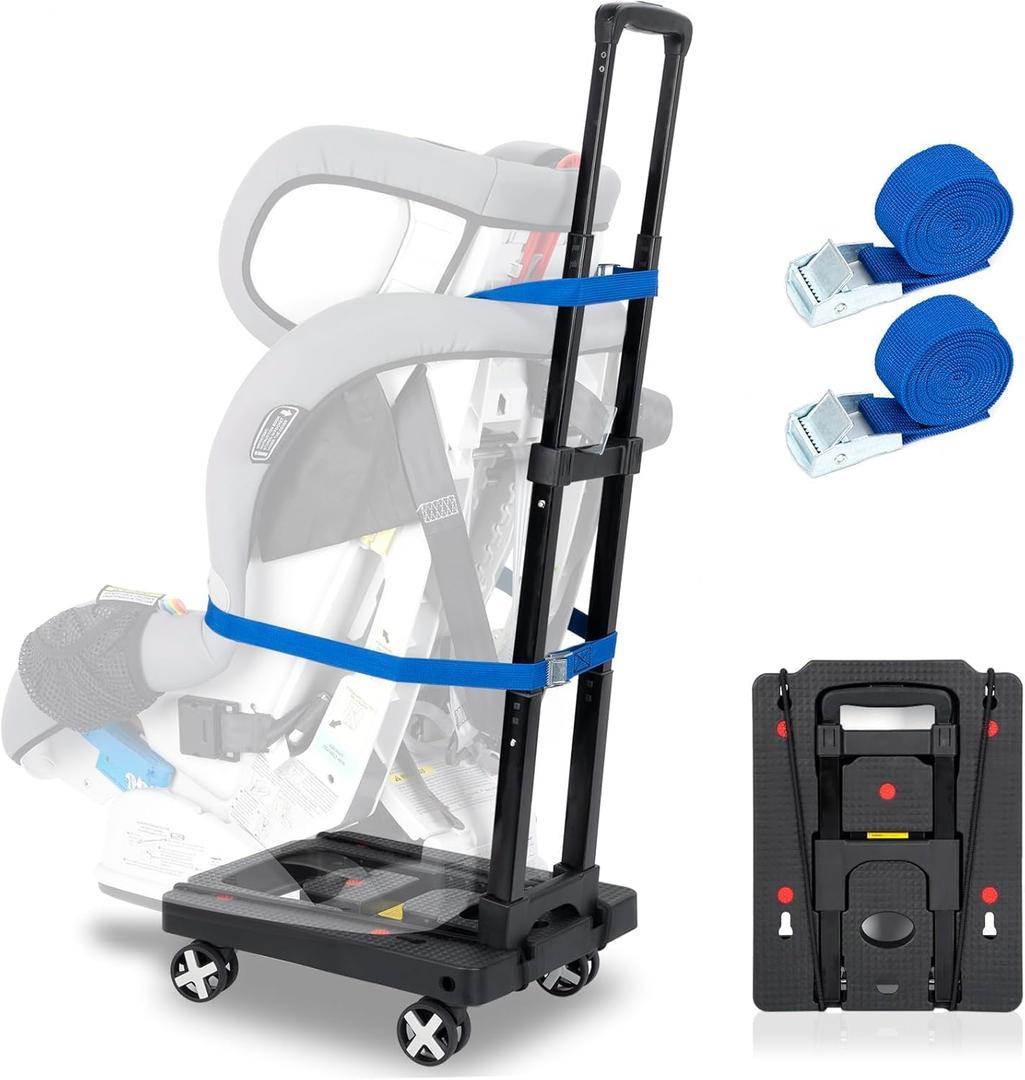 Car Seat Travel Cart for Airport, Car Seat Dolly Carseat Roller Foldable Car Seat Carrier Dolly with Blue Straps Trolley Luggage Cart for Transport (Black)