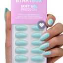 BTArtbox Press On Nails Short - Dotted Overalls, Easy-to-Apply Polka Dot Pastel Blue Almond Press On Nails with Glue and Adhesive Tabs in 16 Sizes - 32 Nails All-in-One Kit