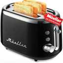 Mueller Retro Toaster 2 Slice with 7 Browning Levels and 3 Functions: Reheat, Defrost & Cancel, Stainless Steel Features, Removable Crumb Tray, Under Base Cord Storage, Black