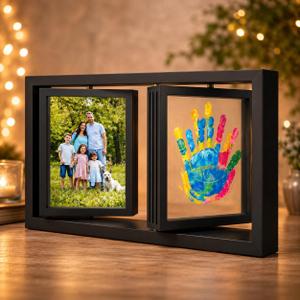 Family Handprint Frame Kit, Dual Rotating Photo & Handprint Display, DIY Keepsake Craft with Wooden Frame, Non-Toxic Paints, Baby Hand & Footprint Kit, Gift for Grandparents & New Parents (Black), Dual Spin - Handprint & photo