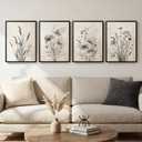 Framed Vintage Botanical Wall Art, 4 Piece Neutral Rustic Boho Floral Canvas Painting Prints for Modern Farmhouse, Black and White Flower Pictures for Living Room Bedroom Dining Room Wall Decor, 12x16