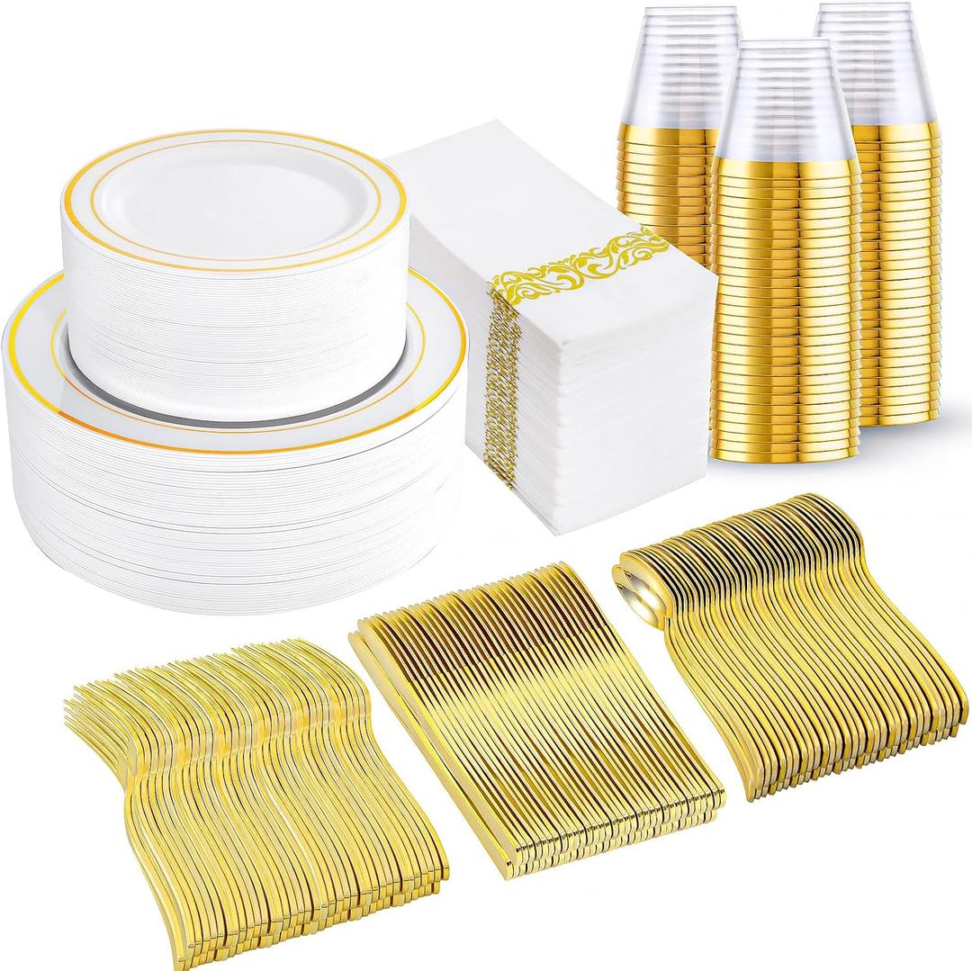 I00000 350Pcs Gold Dinnerware Set for 50 Guests, Gold Plastic Plates for Party, Include: 100 Disposable Plastic Plates, 50 Paper Napkins, 50 Cups, 50 Silverware Set Perfect for Party & Wedding