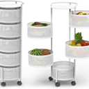 JAQ Rotating Fruit Basket, 5-Tier Metal Sturdy Kitchen Storage Rack Shelf Carts No Assembly on Rolling Wheels for Fruit Vegetable Grocery Corns Potato Onion (White, 5-Tier)