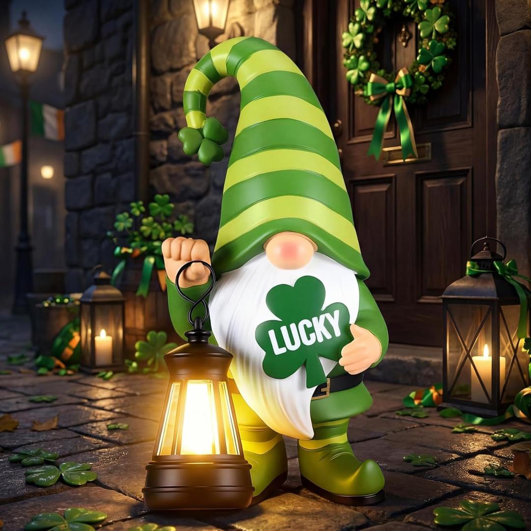 Retisee Solar St. Patrick's Day Garden Statue Resin Gnome Statue with Shamrock LED Lights Outdoor Lucky Solar Light Figurine Decoration for Yard Patio Lawn Gift for St. Patrick's Day Irish