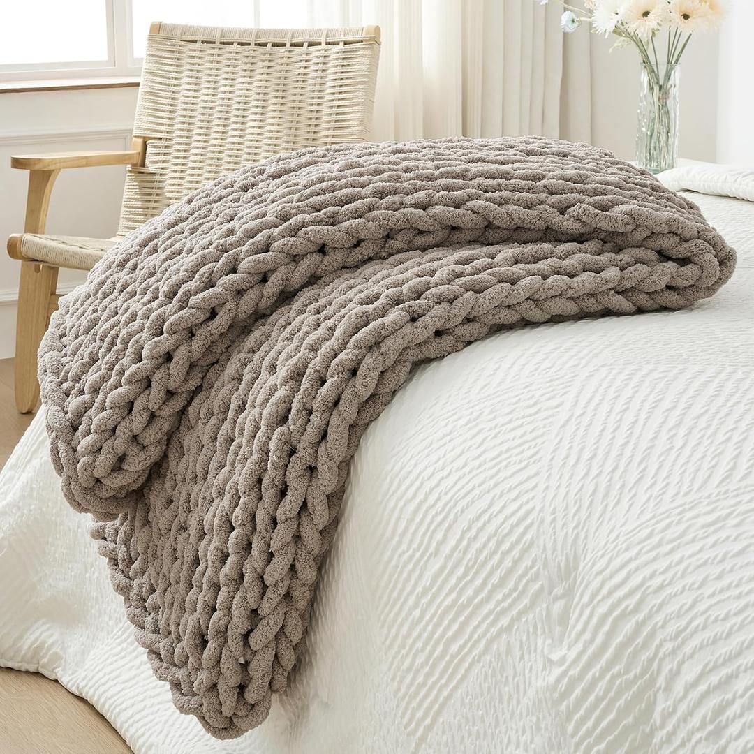 Bigacogo Chunky Knit Throw Blanket for Couch, 40x60 inches, 100% Hand Knitted with Thick Jumbo Chenille Yarn, Cozy Soft Large Rope Knot Cable Crochet Blankets for Sofa Bed Living Room, Taupe, 40"x60" (Medium Size Throw