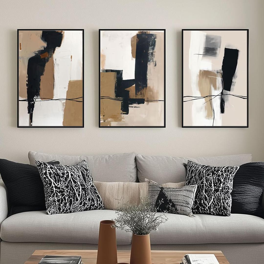 SAFERRYHOME Neutral Abstract Wall Art Tan and Black Framed Canvas Print Set, Mid-Century Modern Brown Minimalist Shapes for Living Room, Bedroom, Office - Ready to Hang - Set of 3, 16x24 Inch
