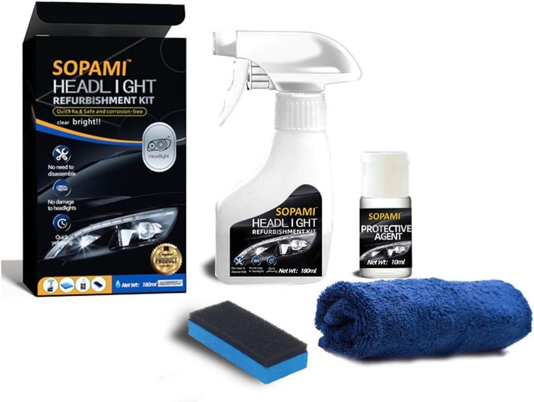 SOPAMI Car Headlight Restoration Kit, Automotive Headlight Cleaner Oxidized and Yellowed Head Light Restoring Kit for All Vehicle Types, Headlamp Headlight Cleaner Includes Coating Agent and Towel