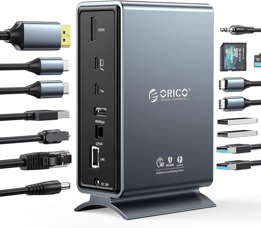 ORICO 15 in 1 Thunderbolt 3 Dock - Single 8K & Dual 4K Display, DP1.4, 3 USB 10Gbps, Optical Out, SD/TF, Audio, RJ45 for Thunderbolt 3, USB-C Windows/Mac (Grey) (Silver)