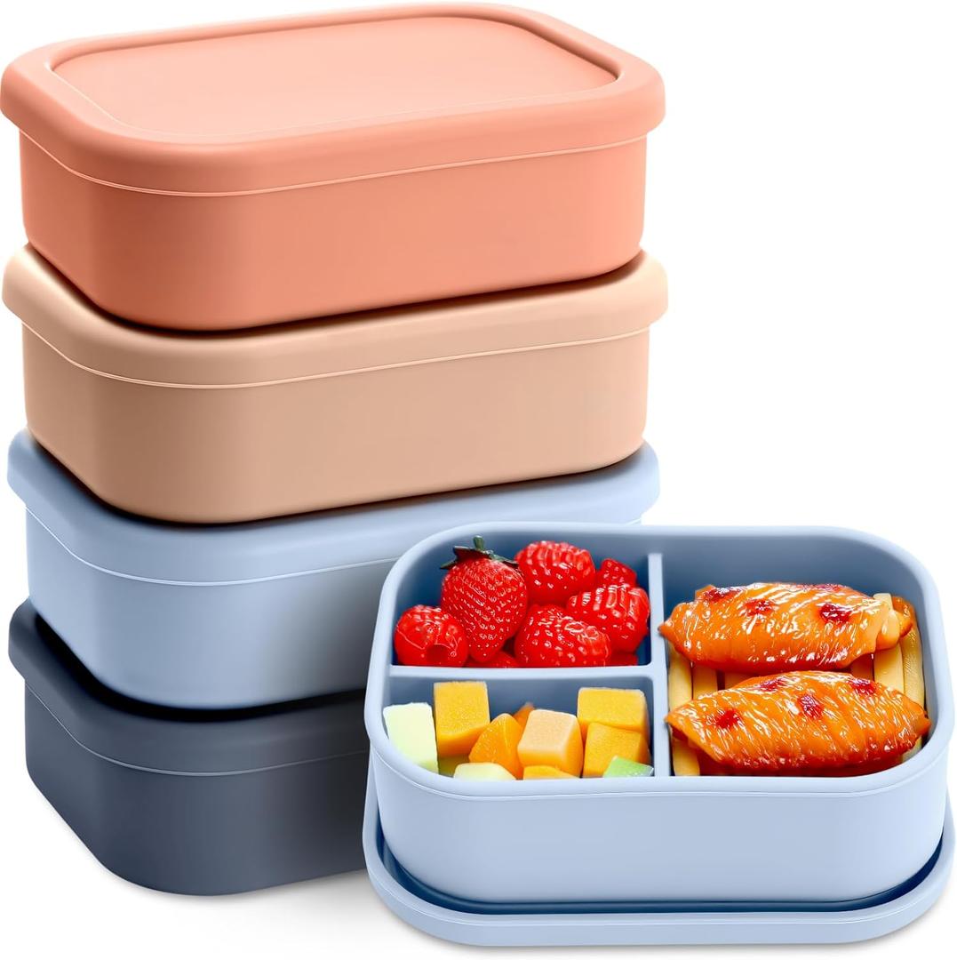 Honeydak 4 Pcs Silicone Bento Lunch Box 3 Compartment Reusable Leakproof Silicone Bento Lunch Container for Adults Microwave Dishwasher Freezer Safe(Grey,Blue,Khaki, Orange)