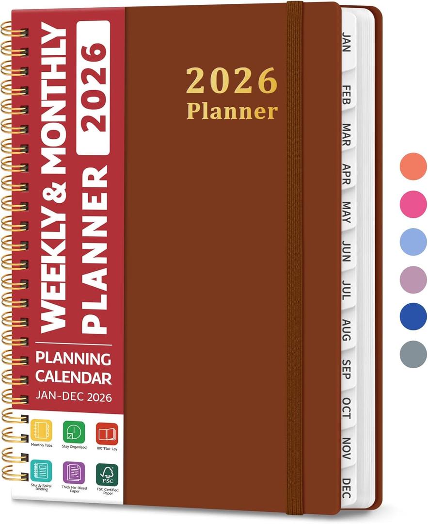2026 Planner, Weekly and Monthly Calendar Planner, January 2026 - December 2026, Hardcover 2026 Calendar Book with Tabs For Women & Men, Inner Pocket, Spiral Bound, Perfect for Office Home School Supplies - A5 (6.3" x 8.5"), Rust Brown