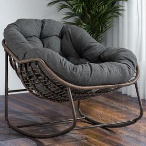 37 Papasan Rocking Chair with Cushion and Steel Frame, Oversized Outdoor Egg Rocking Chair, Rattan Circle Chairs for Grand Patio and Garden (Grey)