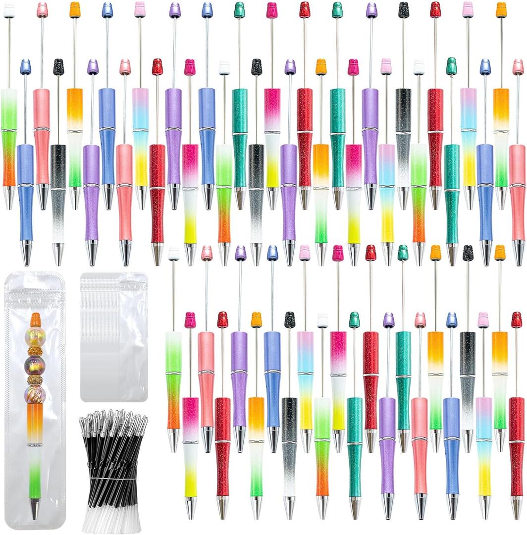 300 Pieces DIY Beadable Pen Kit  100 Plastic Ballpoint Pens with Refills & Bags  School Supplies, Office Accessories & Decorative Items for Students & Teachers (Gradient) (B-Multicolor 02)