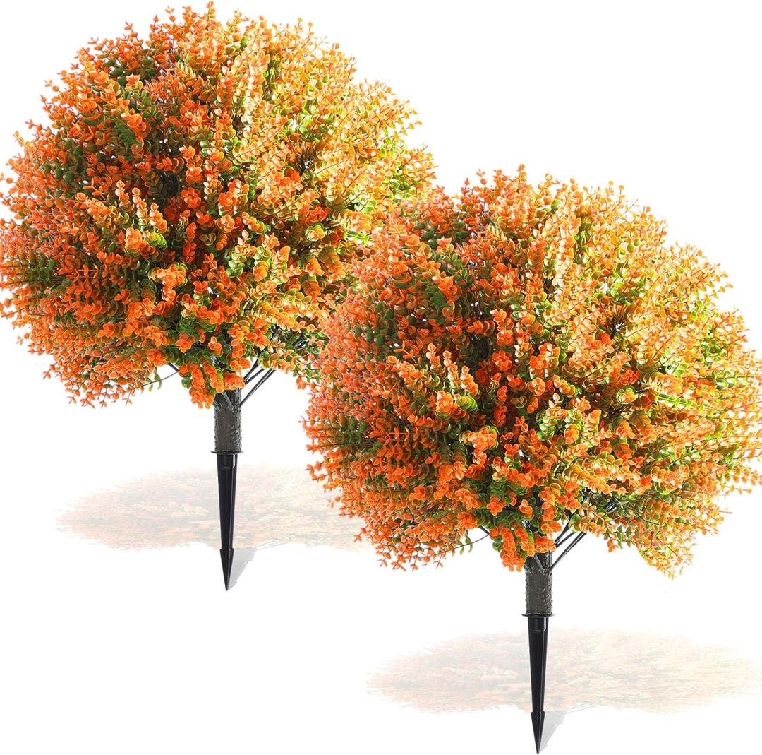 Yunlly Set of 2 Real Touch Outdoor Topiary Tree 24" Fake Plants Front Porch Decor Artificial Boxwood Ball Faux Bush with Ground Spike, UV Resistant Fake Shrubs for Garden Yard(Orange)