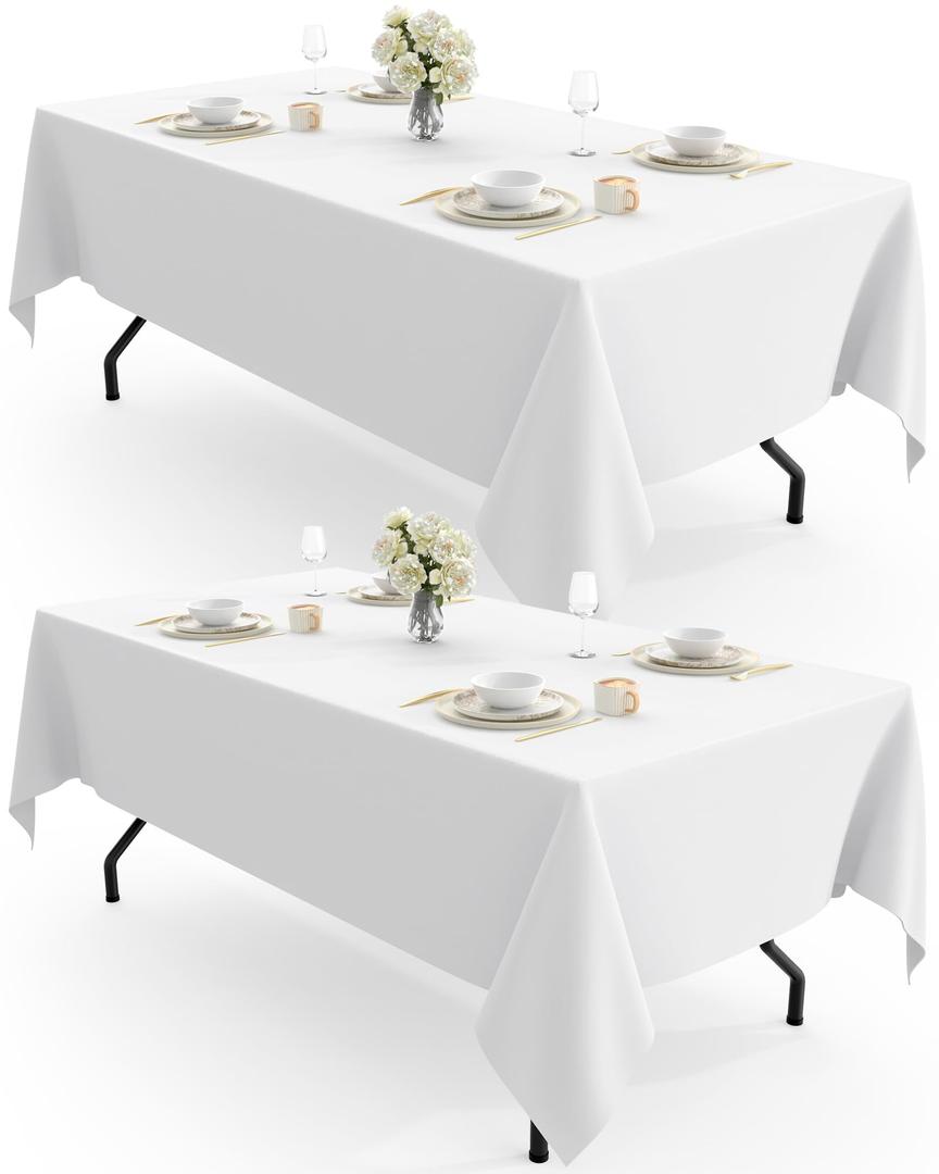 Pureegg Rectangle Table Cloth 60" x 102" â€“ Durable Polyester Tablecloth Offers Reusable & Washable Protection, Ideal for Outdoor Party, Picnic, Wedding, Banquet and Birthday, 2 Pack, White