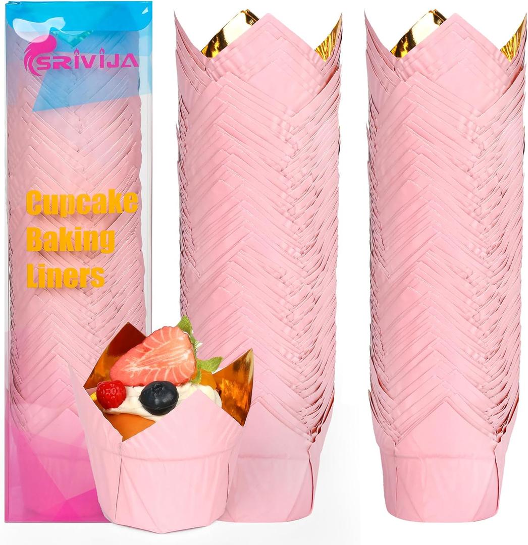 Gold Tulip Cupcake Liners 100 Pcs Baking Paper Cups Holders Greaseproof Muffin Cases Wrappers for Wedding Birthday Party Baby Shower(Pink Gold)