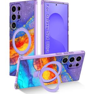 Magnetic for Samsung Galaxy S24 Ultra Case with Invisible Ring Stand [Compatible with MagSafe], Full Body Rugged Slim Women Men Girl Shockproof Marble Pattern Design Case,Orange/Blue