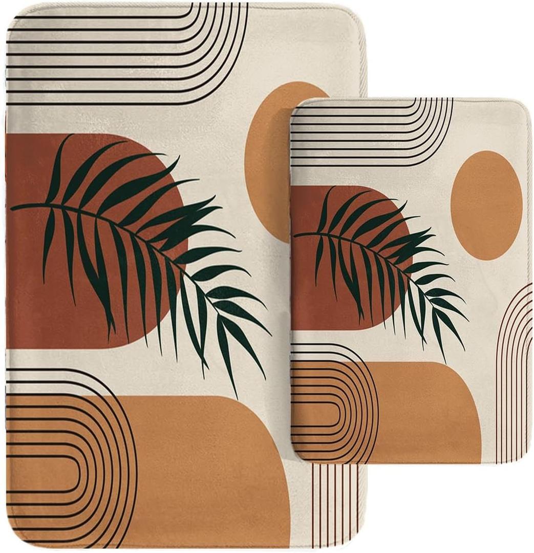 Britimes Boho Mid Century Bathroom Rug Mat Set of 2, Brown Abstract Minimalistic Arch Beige Washable Cover Floor Rug Carpets Floor Bath Mat Bathroom Decorations 16x24 and 20x32 Inches