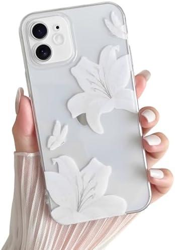 Skyseaco for iPhone 12 Case, Clear Cute Butterfly Lily Floral Flower Phone Case for Women Girls, Clear Slim Camera Lens Shockproof Protection Phone Cover, White Pack of 3