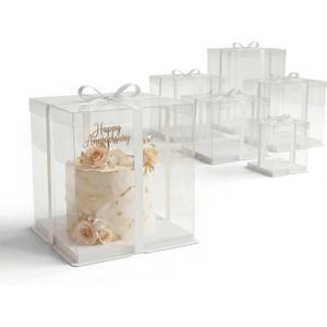 BOARDS+ 10 Inch Clear Cake Boxes (3 Pack) + Satin White Ribbon | Sturdy Beautiful Cake Carrier For 8 Inch Cakes & Gift Box