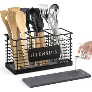 THYGIFTREE Utensil Holder for Kitchen Counter with Diatomaceous Earth Base, Large Black Metal Cooking Tool Organizer with 3 Compartments, Countertop Utensil Holder for Spatula and Kitchen Utensils